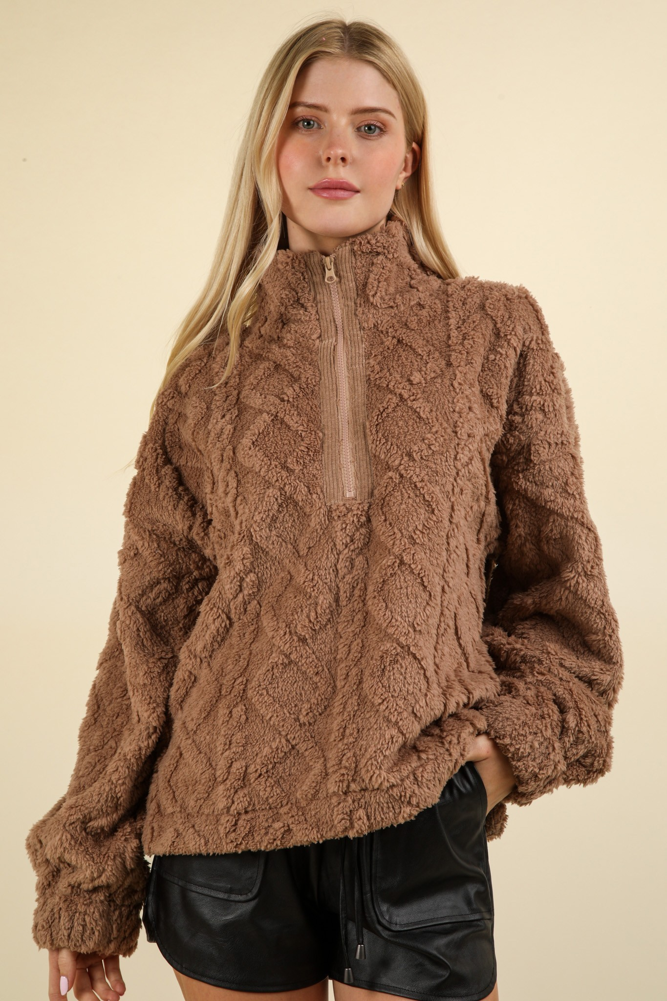 Fuzzy Fleece Cozy Cable Pattern Henley Top /Stuffology Boutique-Pullover Top-VERY J-Stuffology - Where Vintage Meets Modern, A Boutique for Real Women in Crosbyton, TX