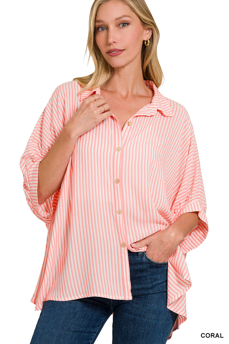 CORAL OVERSIZED STRIPED SHORT SLEEVE BUTTON UP SHIRT | Stuffology Boutique-Short Sleeves-Zenana-Stuffology - Where Vintage Meets Modern, A Boutique for Real Women in Crosbyton, TX