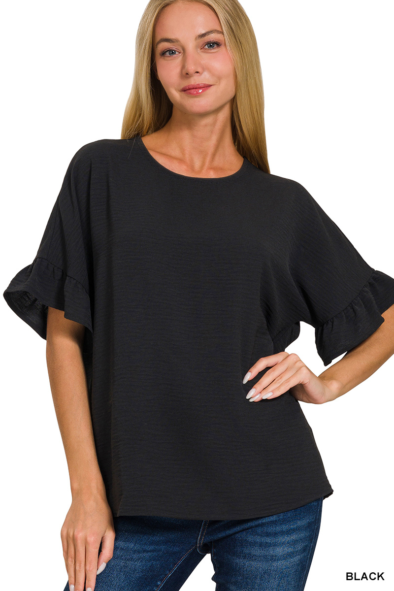 Woven Airflow Ruffle Sleeve Top | Stuffology Boutique-Short Sleeves-Zenana-Stuffology - Where Vintage Meets Modern, A Boutique for Real Women in Crosbyton, TX