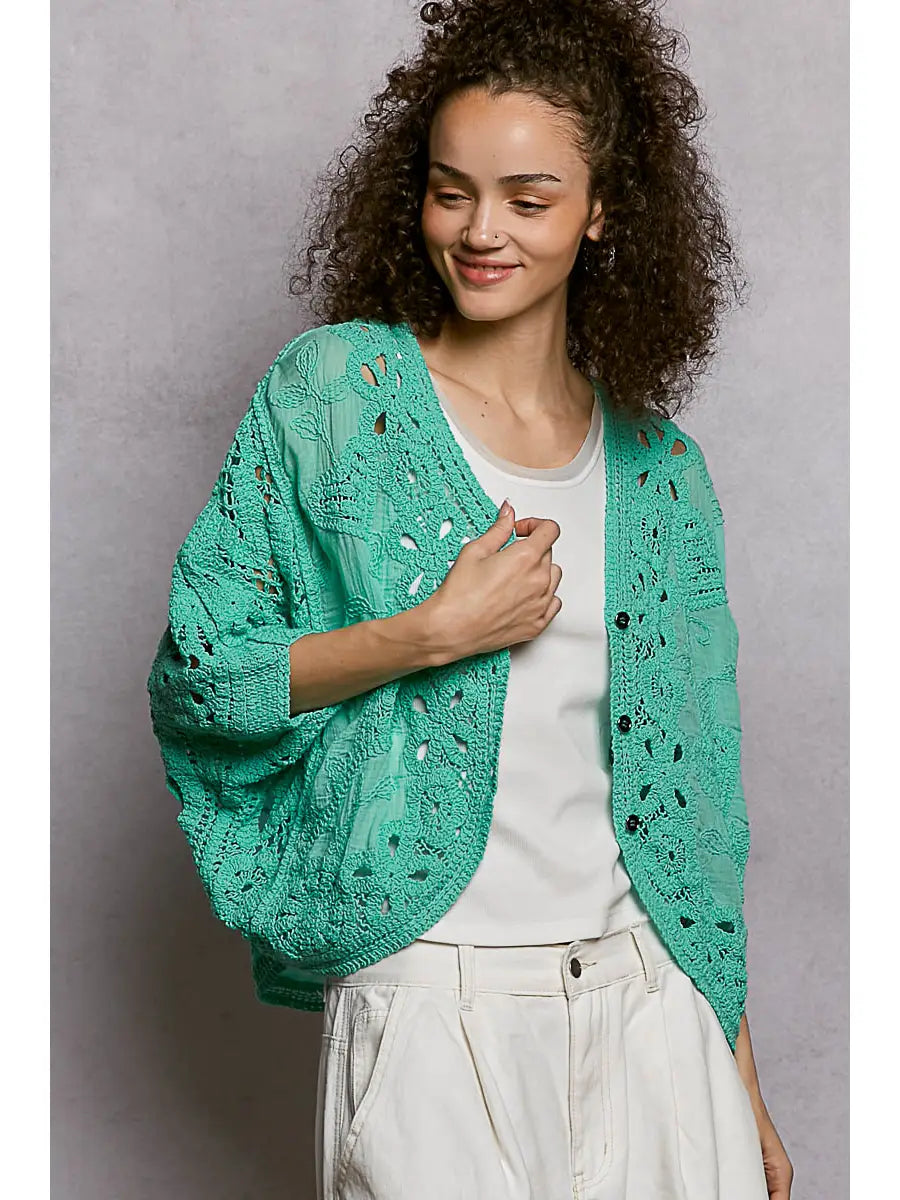Batwing Sleeve Button Down Solid Crochet Cardigan Top – Stuffology