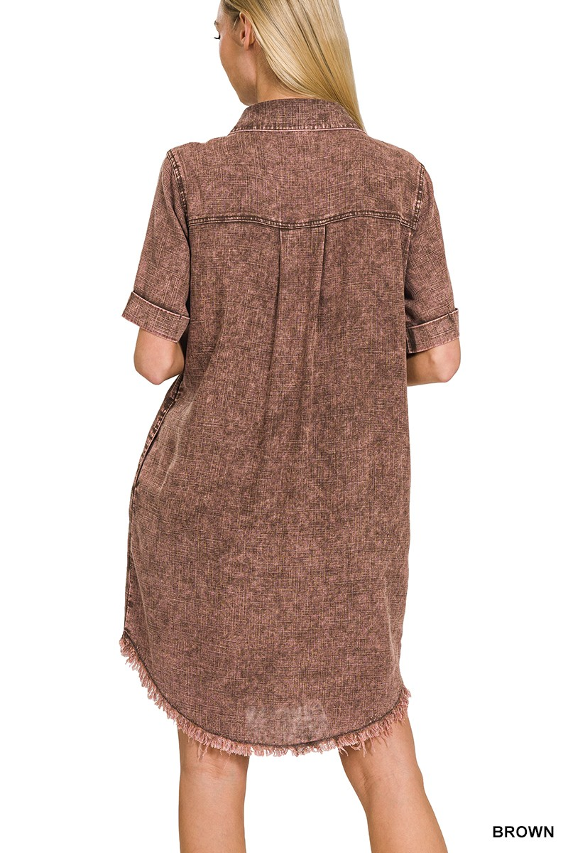 BROWN WASHED LINEN RAW EDGE BUTTON DOWN V-NECK DRESS / STUFFOLOGY BOUTIQUE-Dresses-Zenana-Stuffology - Where Vintage Meets Modern, A Boutique for Real Women in Crosbyton, TX