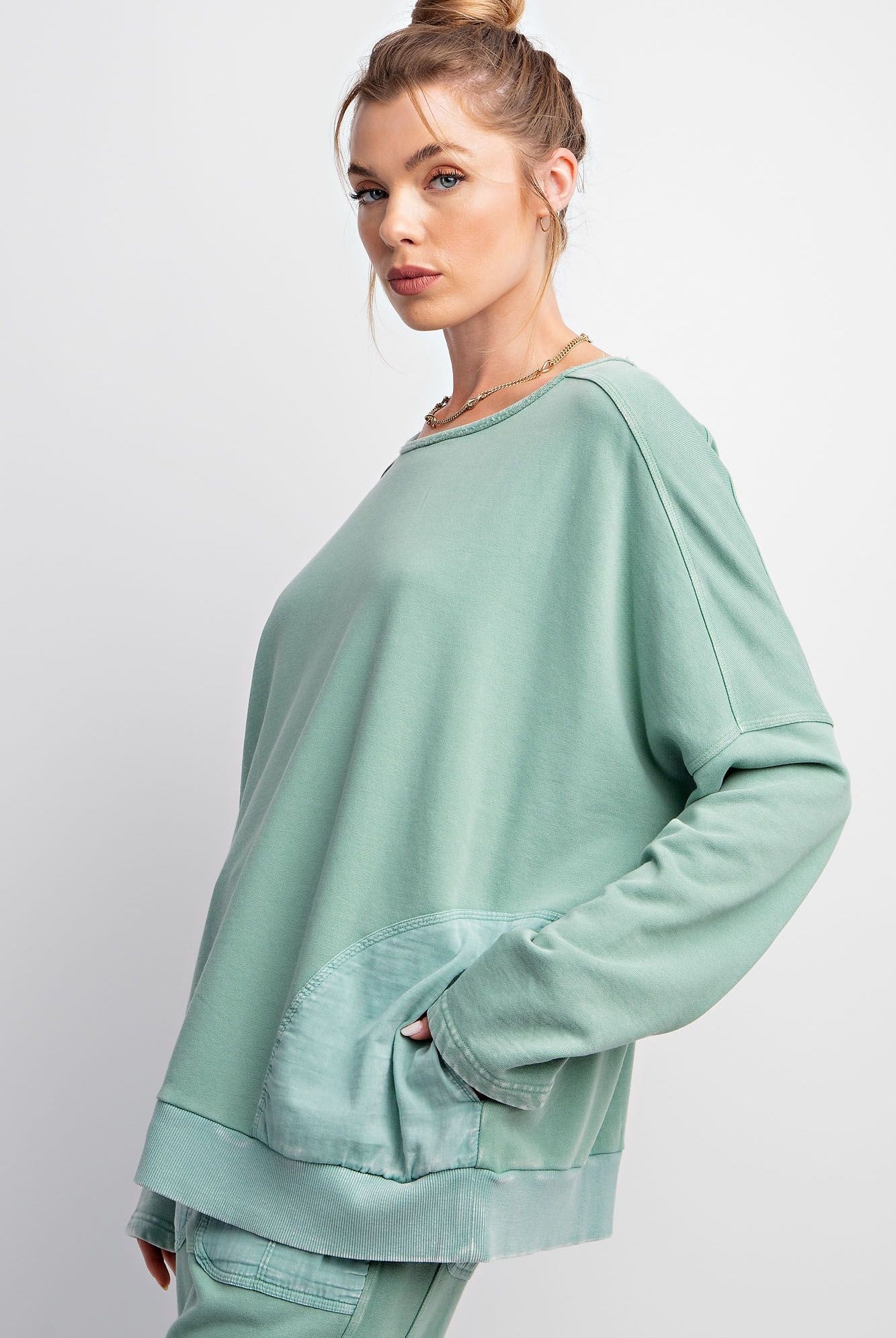 Teal Green Mineral Wash French Terry Top | Stuffology Boutique-Long Sleeves-Easel-Stuffology - Where Vintage Meets Modern, A Boutique for Real Women in Crosbyton, TX
