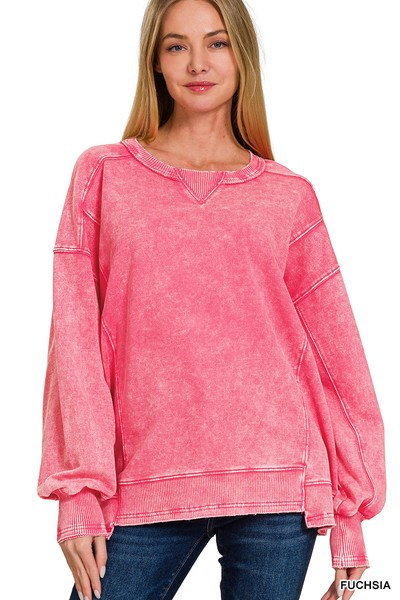 French Terry Acid Wash Pullover (Fuchsia) /Stuffology Boutique-SWEATSHIRT-Stuffology - Where Vintage Meets Modern-Stuffology - Where Vintage Meets Modern, A Boutique for Real Women in Crosbyton, TX