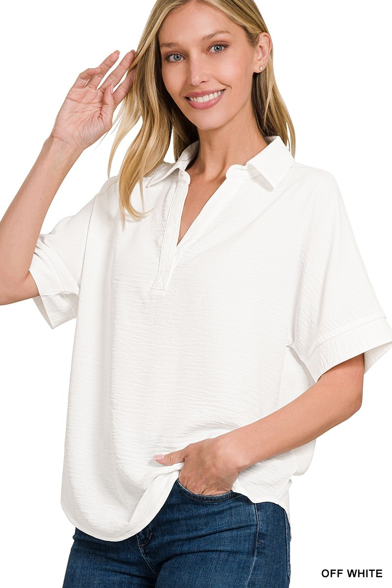 WOVEN AIRFLOW COLLARED V-NECK SHORT SLEEVE TOP | Stuffology Boutique-Short Sleeves-Zenana-Stuffology - Where Vintage Meets Modern, A Boutique for Real Women in Crosbyton, TX