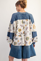 Easel Denim Mix Floral Top-Tops-Easel-Stuffology - Where Vintage Meets Modern, A Boutique for Real Women in Crosbyton, TX