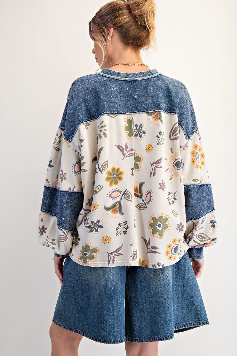 Easel Denim Mix Floral Top-Tops-Easel-Stuffology - Where Vintage Meets Modern, A Boutique for Real Women in Crosbyton, TX