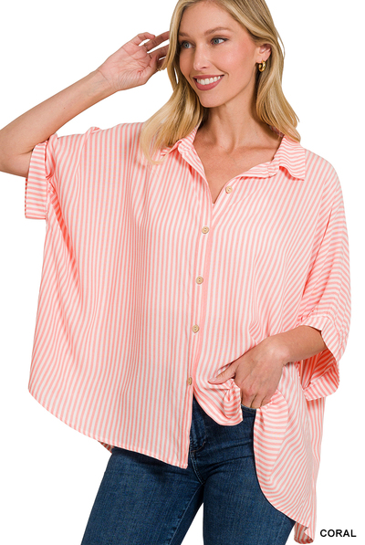 CORAL OVERSIZED STRIPED SHORT SLEEVE BUTTON UP SHIRT | Stuffology Boutique-Short Sleeves-Zenana-Stuffology - Where Vintage Meets Modern, A Boutique for Real Women in Crosbyton, TX