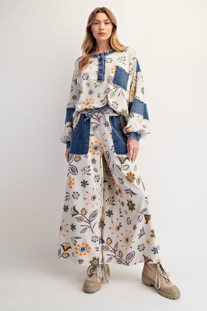 Easel Denim Mix Floral Top-Tops-Easel-Stuffology - Where Vintage Meets Modern, A Boutique for Real Women in Crosbyton, TX