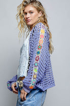 V-Neck Open Knit Patchwork Hoodie Sweater-Sweater Cardigan-POL Clothing-Stuffology - Where Vintage Meets Modern, A Boutique for Real Women in Crosbyton, TX