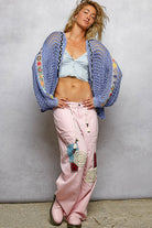 V-Neck Open Knit Patchwork Hoodie Sweater-Sweater Cardigan-POL Clothing-Stuffology - Where Vintage Meets Modern, A Boutique for Real Women in Crosbyton, TX