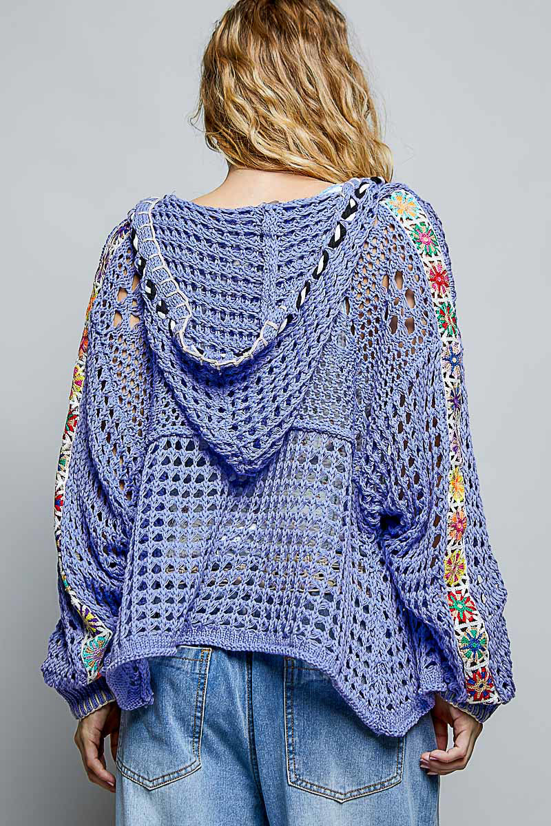 V-Neck Open Knit Patchwork Hoodie Sweater-Sweater Cardigan-POL Clothing-Stuffology - Where Vintage Meets Modern, A Boutique for Real Women in Crosbyton, TX