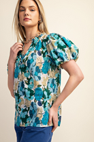 Turquoise & Blue Floral Print Split Neckline Top /Stuffology Boutique-TOP-Gigio-Stuffology - Where Vintage Meets Modern, A Boutique for Real Women in Crosbyton, TX