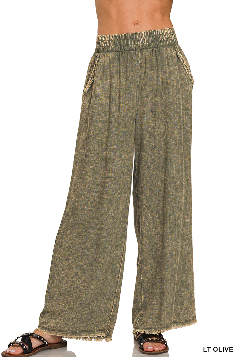 OLIVE WASHED LINEN FRAYED HEM ELASTIC BAND WAIST PANTS | Stuffology Boutique-Pants-Zenana-Stuffology - Where Vintage Meets Modern, A Boutique for Real Women in Crosbyton, TX