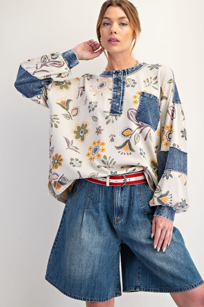 Easel Denim Mix Floral Top-Tops-Easel-Stuffology - Where Vintage Meets Modern, A Boutique for Real Women in Crosbyton, TX