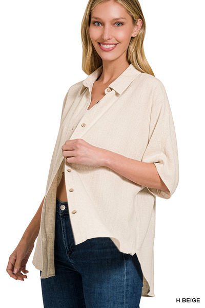 NATURAL LINEN DOLMAN HALF SLEEVE BUTTON DOWN TOP | Stuffology Boutique-Short Sleeves-Stuffology - Where Vintage Meets Modern-Stuffology - Where Vintage Meets Modern, A Boutique for Real Women in Crosbyton, TX