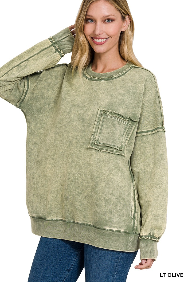 FRENCH TERRY ACID WASH RAW EDGE FRONT POCKET PULLOVER TOP WITH POCKET /STUFFOLOGY BOUTIQUE-Pullover Top-Stuffology Boutique-Stuffology - Where Vintage Meets Modern, A Boutique for Real Women in Crosbyton, TX