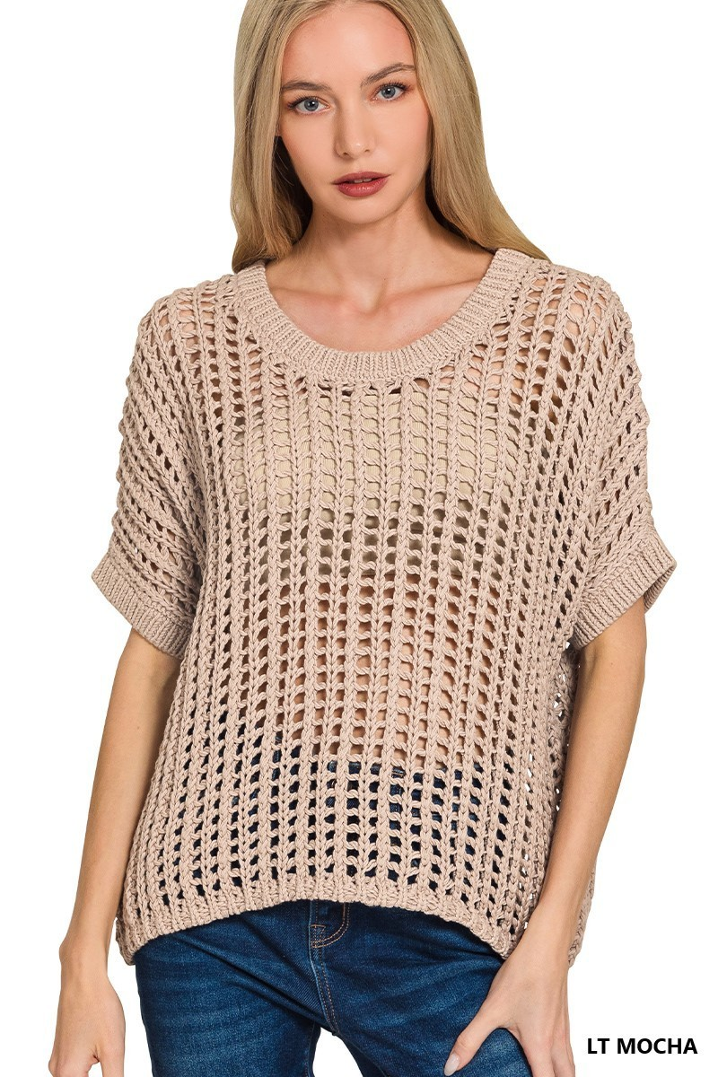Fish Net Crochet Open Weave Cotton Sweater-Zenana-Stuffology - Where Vintage Meets Modern, A Boutique for Real Women in Crosbyton, TX