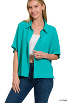 TEAL WOVEN AIRFLOW SHORT SLEEVE BUTTON DOWN SHIRT TOP | STUFFOLOGY BOUTIQUE-Top-Zenana-Stuffology - Where Vintage Meets Modern, A Boutique for Real Women in Crosbyton, TX