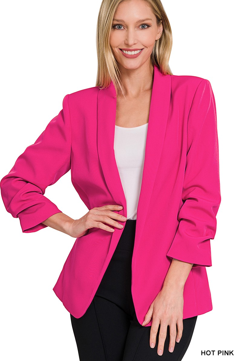 WOVEN 3/4 RUCHED SLEEVE OPEN FRONT CLASSIC BLAZER-Jackets-Zenana-Stuffology - Where Vintage Meets Modern, A Boutique for Real Women in Crosbyton, TX