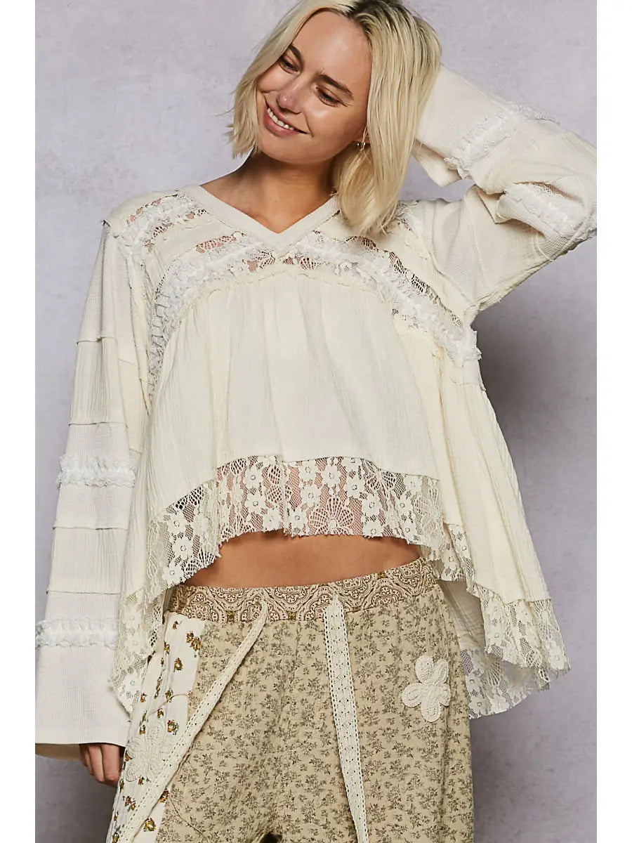 V-Neck Double Gauze Lace Detail A-Line Woven Top-Top-Pol Clothing-Stuffology - Where Vintage Meets Modern, A Boutique for Real Women in Crosbyton, TX