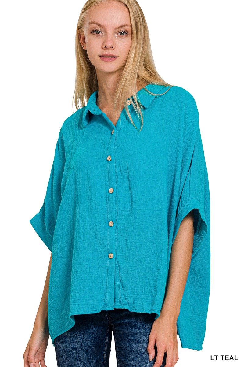 DOUBLE GAUZE 3/4 SLEEVE BUTTON UP TOP /STUFFOLOGY BOUTIQUE-Top-Zenana-Stuffology - Where Vintage Meets Modern, A Boutique for Real Women in Crosbyton, TX