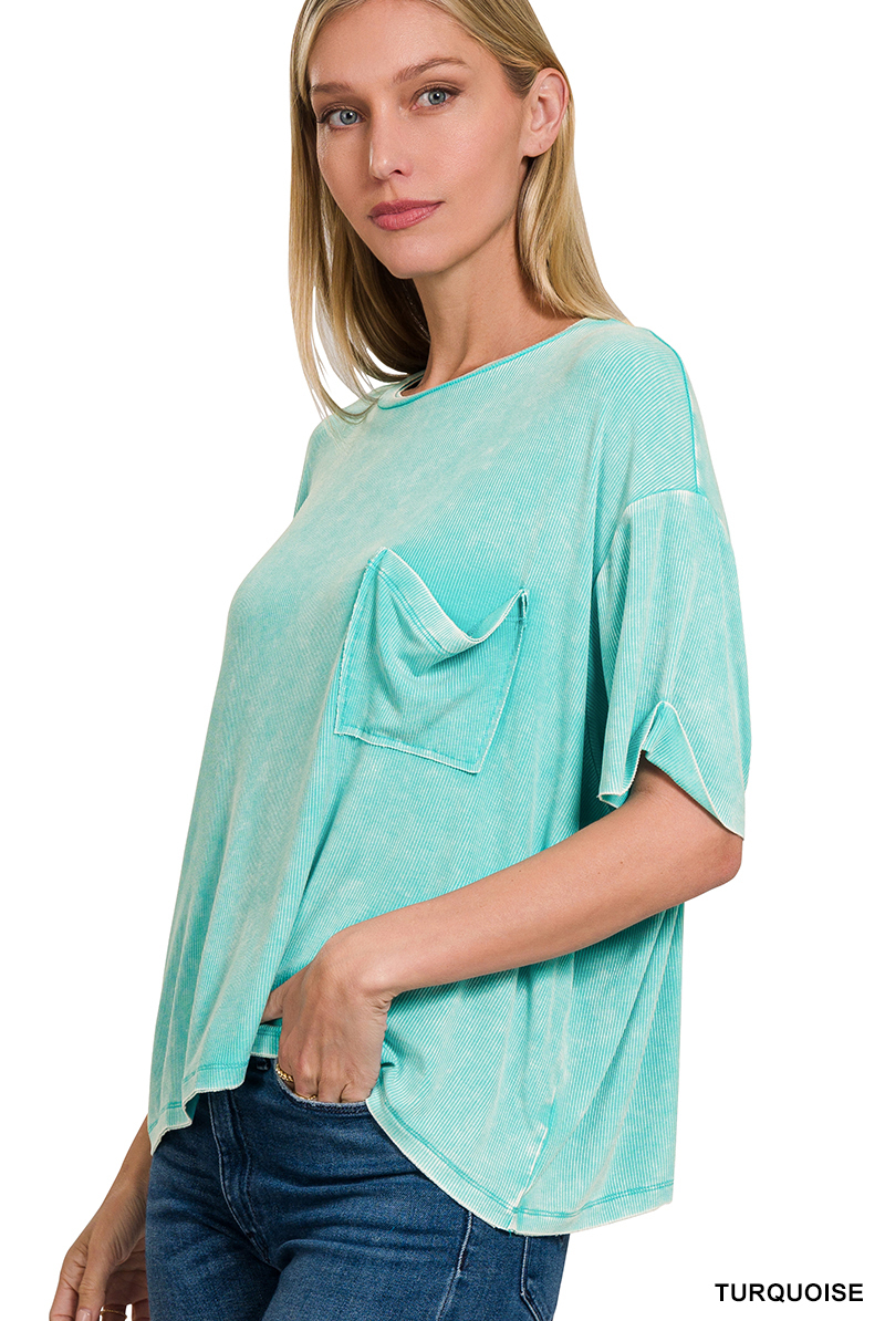 TURQUOISE WASHED RIBBED CUFFED SHORT SLEEVE TOP | Stuffology BoutiqueROUND NECK TOP-Short Sleeves-Stuffology - Where Vintage Meets Modern-Stuffology - Where Vintage Meets Modern, A Boutique for Real Women in Crosbyton, TX